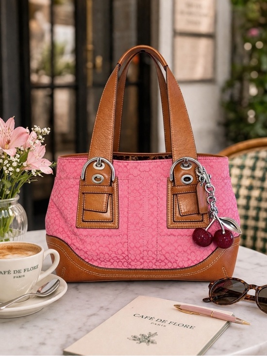 Coach Handbags - RaRE Vintage Coach Soho Bag in Pink Signature Canvas & Tan Leather | F10927